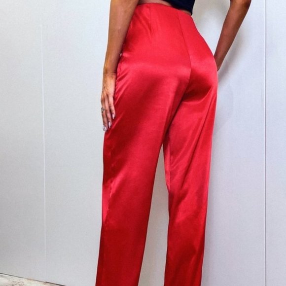 RED High Waist Satin Pants - Picture 6 of 12